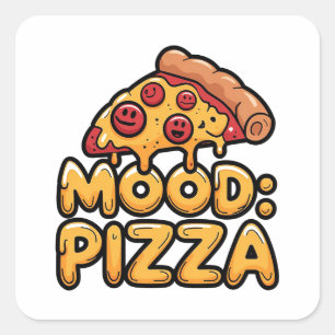 Sticker Carré Humeur : Pizza - Fun Cartoon Slice avec Happy Topp