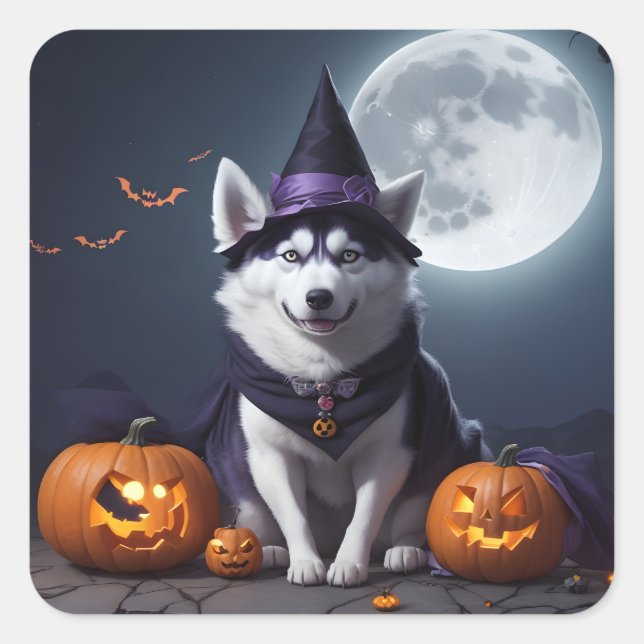 Sticker Carré Husky Chien Halloween Aventure Lune Magie Éffrayan (Devant)