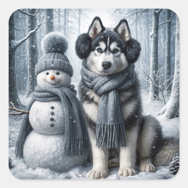 Sticker Carré Husky Sibérien Avec Snowman (Devant)