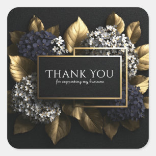 Sticker Carré Hydrangea Bleue Élégante à Feuilles Noires et Doré