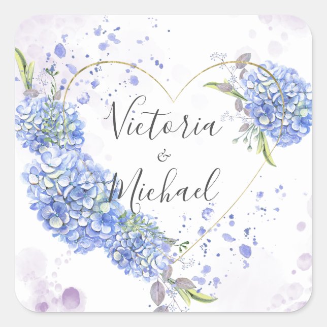 Sticker Carré Hydrangea Heart Personnalisé Noms Mariage (Devant)