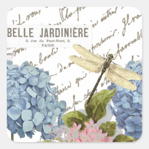 Sticker Carré Hydrangeas Dragonfly Jardin à scripts français