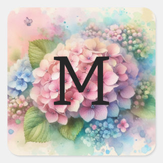 Sticker Carré Hydrangée rose monogramme