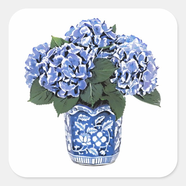 Sticker Carré Hydrangées bleues dans un pot en céramique fleurie (Devant)
