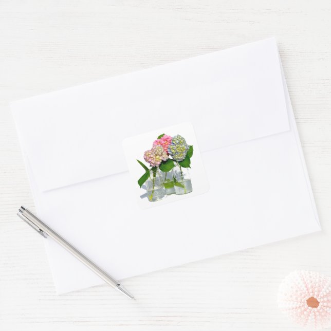 Sticker Carré Hydrangées florales rose pâle bleu jaune vert (Enveloppe)