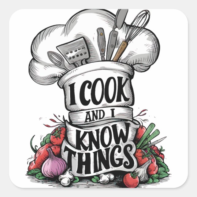 Sticker Carré I Cook et I Know Things drôle cuisine (Devant)