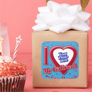 Sticker Carré I Love My Girlfriend Photo Red Hearts Turquoise