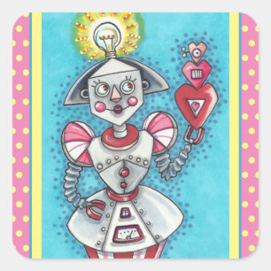 STICKER CARRÉ IDÉE CLAIRE ROBOT DE FILLE, COEURS MÉCANIQUES COLO