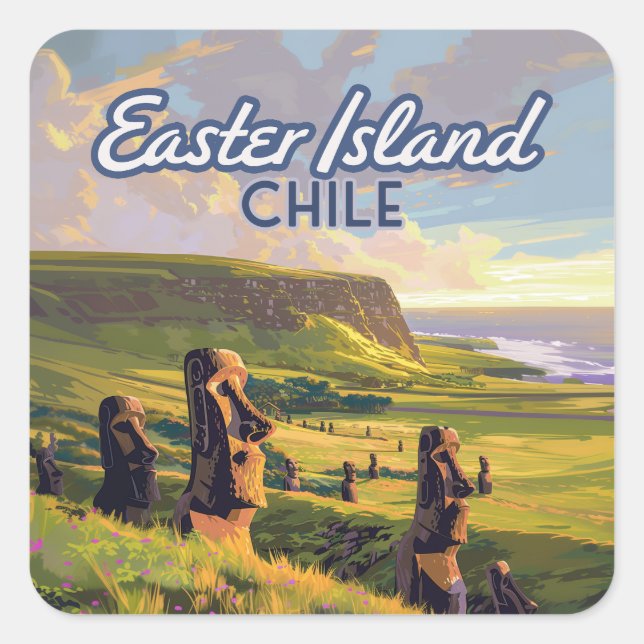 Sticker Carré Île de Pâques Chili Moai Rapa Nui Polynésie Rétro (Devant)