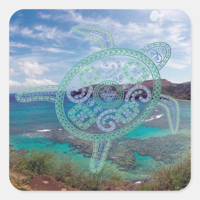 Sticker Carré Îles Hawaii et tortue d'Oahu (Devant)
