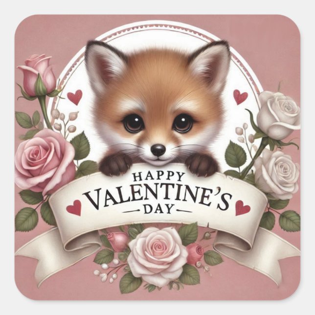 Sticker Carré Illustration adorable de Fox avec Rose (Devant)