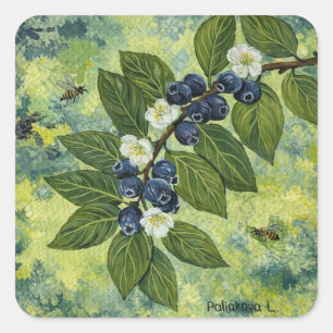 Sticker Carré Illustration botanique de branche de myrtille