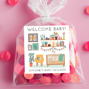 Sticker Carré Illustration Cute Nursery BABY SHOWER PERSONNALISÉ