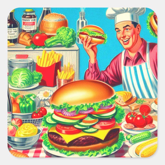 Sticker Carré Illustration de bande dessinée Retro Hamburger (Devant)