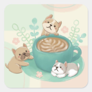 Sticker Carré Illustration de chiens et de cafés mignons