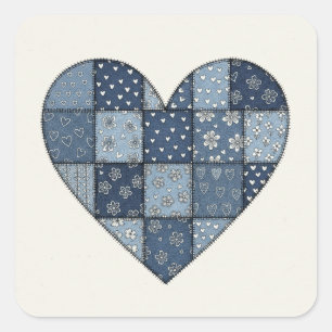 Sticker Carré Illustration de cœur en patchwork de denim bleu ru