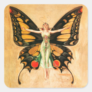 Sticker Carré Illustration de femme de Leyendecker papillon Flap