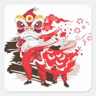 Sticker Carré Illustration de la danseuse du lion rouge