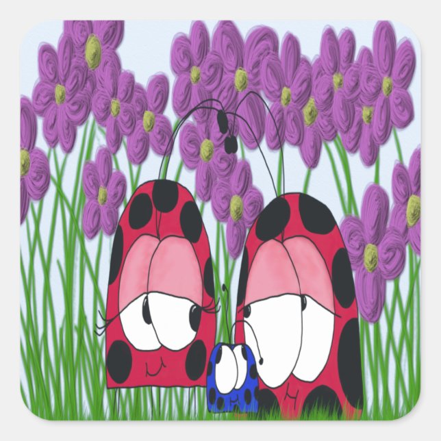 Sticker Carré Illustration de la famille Ladybug mignonne (Devant)