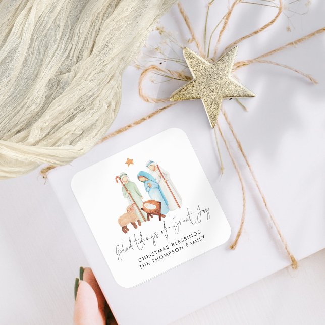 Sticker Carré Illustration de la nativité Glad Tidings Of Great  (Mary Joseph  Baby Jesus and Shepherd Nativity Scene Christmas Gift Stickers)