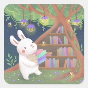 Sticker Carré Illustration de lapin bibliophile mignon