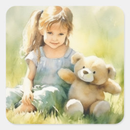 Sticker Carré Illustration de l'aquarelle de l'ours en peluche m