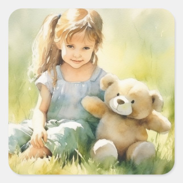 Sticker Carré Illustration de l'aquarelle de l'ours en peluche m (Devant)