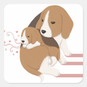 Sticker Carré Illustration de maman et bébé Beagle mignonne