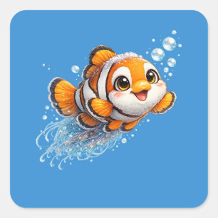 Sticker Carré Illustration de poisson-clown heureux dans la vie