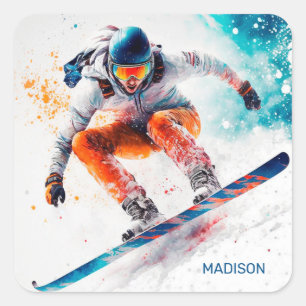 Sticker Carré Illustration de snowboarder de nom personnalisé