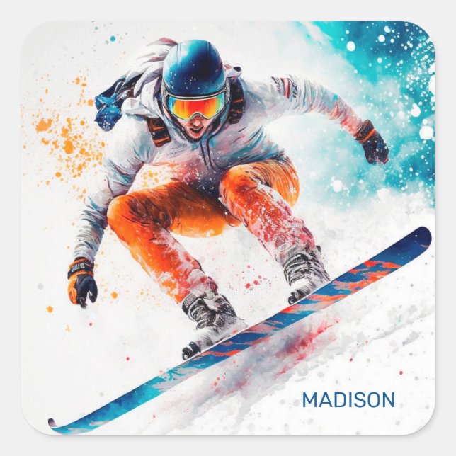 Sticker Carré Illustration de snowboarder de nom personnalisé (Devant)