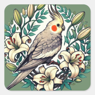 Sticker Carré Illustration d'oiseaux de Cockatiel