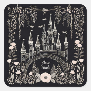 Sticker Carré Illustration du château de Fairytale noir et blanc