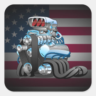Sticker Carré Illustration du dessin du moteur de course Hotrod