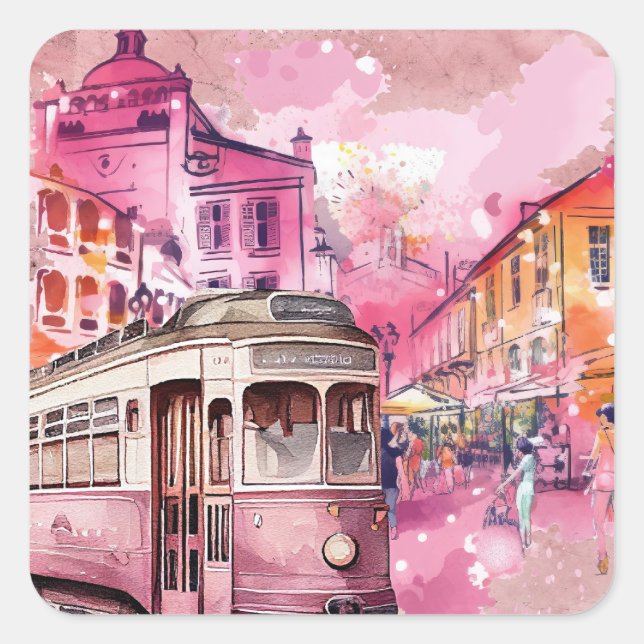 Sticker Carré Illustration du paysage de voiture à chariot rose (Devant)