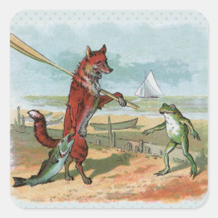 Sticker Carré Illustration fantaisiste de renard et de grenouill