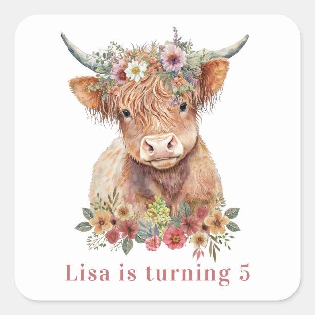 Sticker Carré Illustration Floral Highland Cow Nom de l'annivers (Devant)