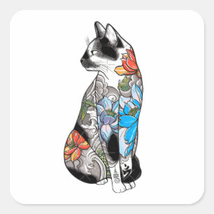 Sticker Carré Illustration florale de chat de tatouage - Vibrant