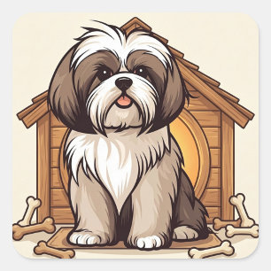 Sticker Carré Illustration Mignonne de Shih Tzu