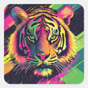 Sticker Carré Illustration Pop Art Tiger avec des couleurs néon