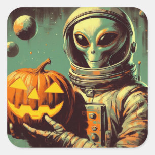 Sticker Carré Illustration rétro de l'Alien spatial et de Jack-o