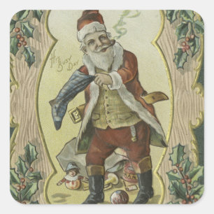 Sticker Carré Illustration Santa Claus Vintage