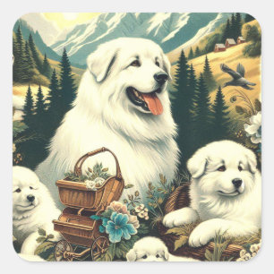 Sticker Carré Illustration vintage des chiens des Grands Pyrénée