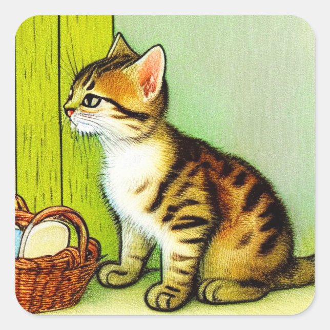 Sticker Carré Illustration vintage Tabby Cat (Devant)