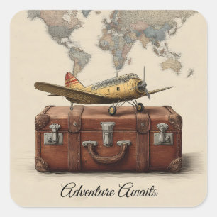 Sticker Carré Illustration Vintage voyage avec plan