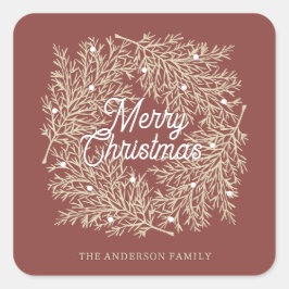 Sticker Carré ilustración hojas abeto corona de Navidad rojo
