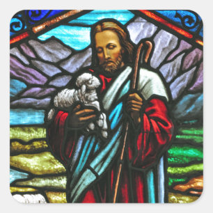 Sticker Carré Image en verre de Jésus et agneaux