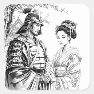 Sticker Carré Imaginaire mignon Samurai Geisha crayon
