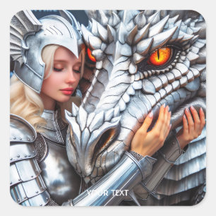 Sticker Carré Imaginaire mignonne femme guerrière dragon