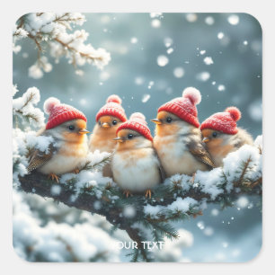 Sticker Carré Imaginaire Mignons Oiseaux Casquette Neige